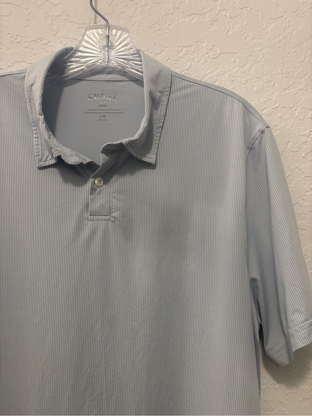 RHONE Commuter Polo Shirt Mens large blue striped  Micro Grid Slim Fit Stretch